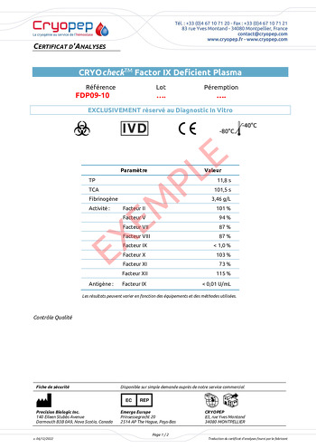 CRYOcheck™ Factor IX Deficient Plasma Certificate of analysis